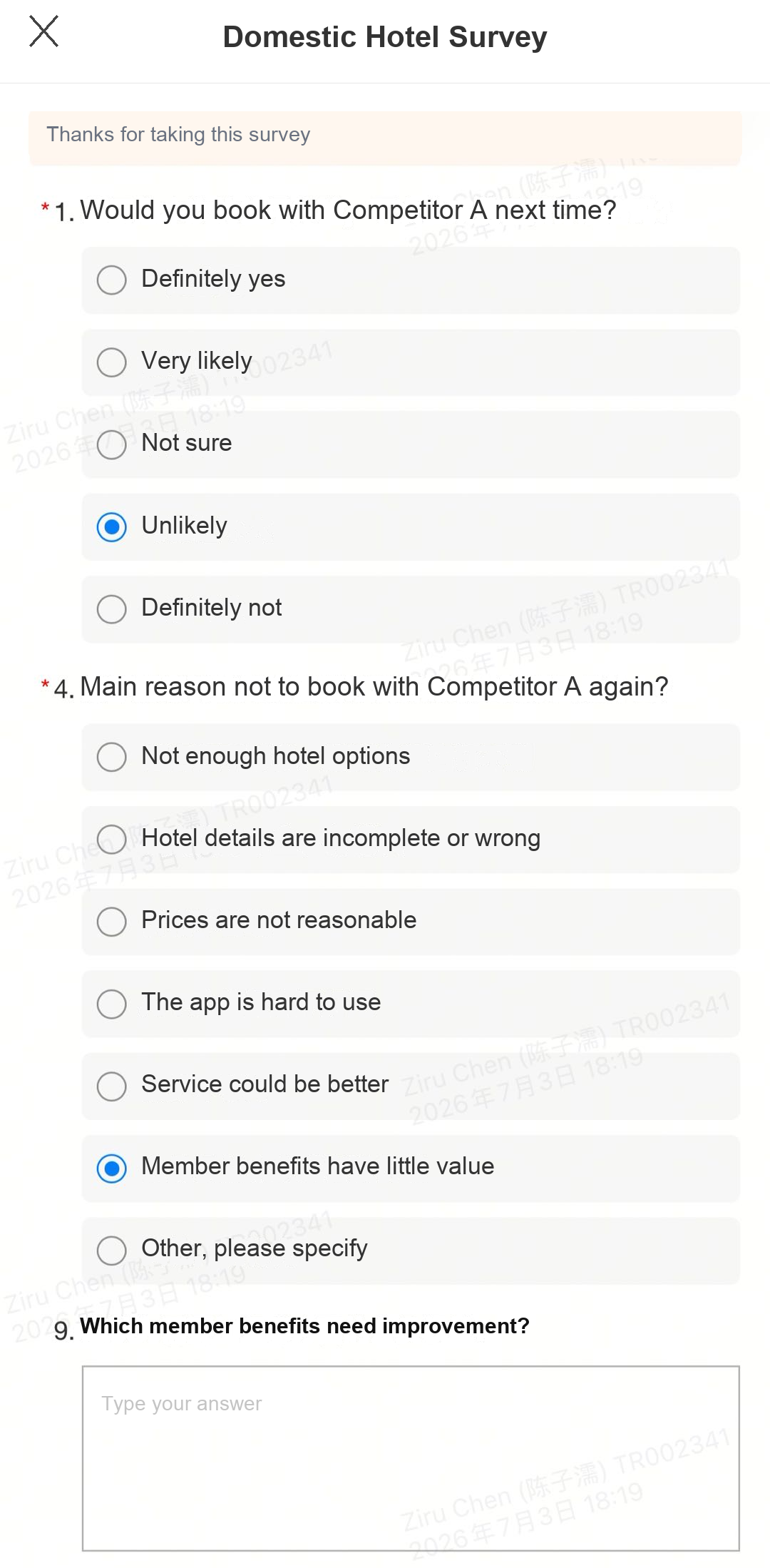 Competitor A hotel list follow-up survey screenshot in English